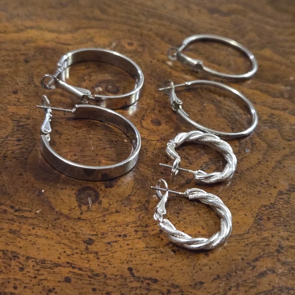 Vtg Silver Tone Hoop Earrings Lot of 3 Pairs Assorted Sizes Smooth & Twisted